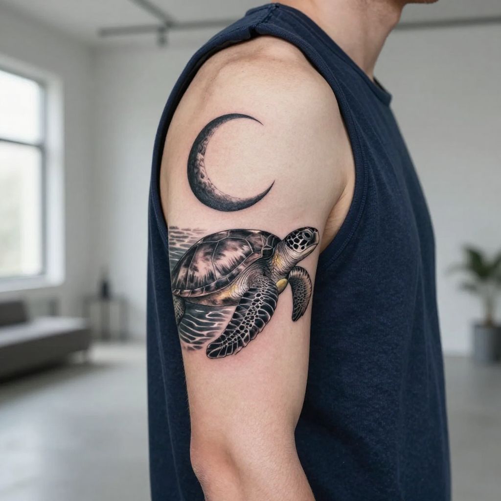 Sea Turtle With Moonlight Waves tattoo idea