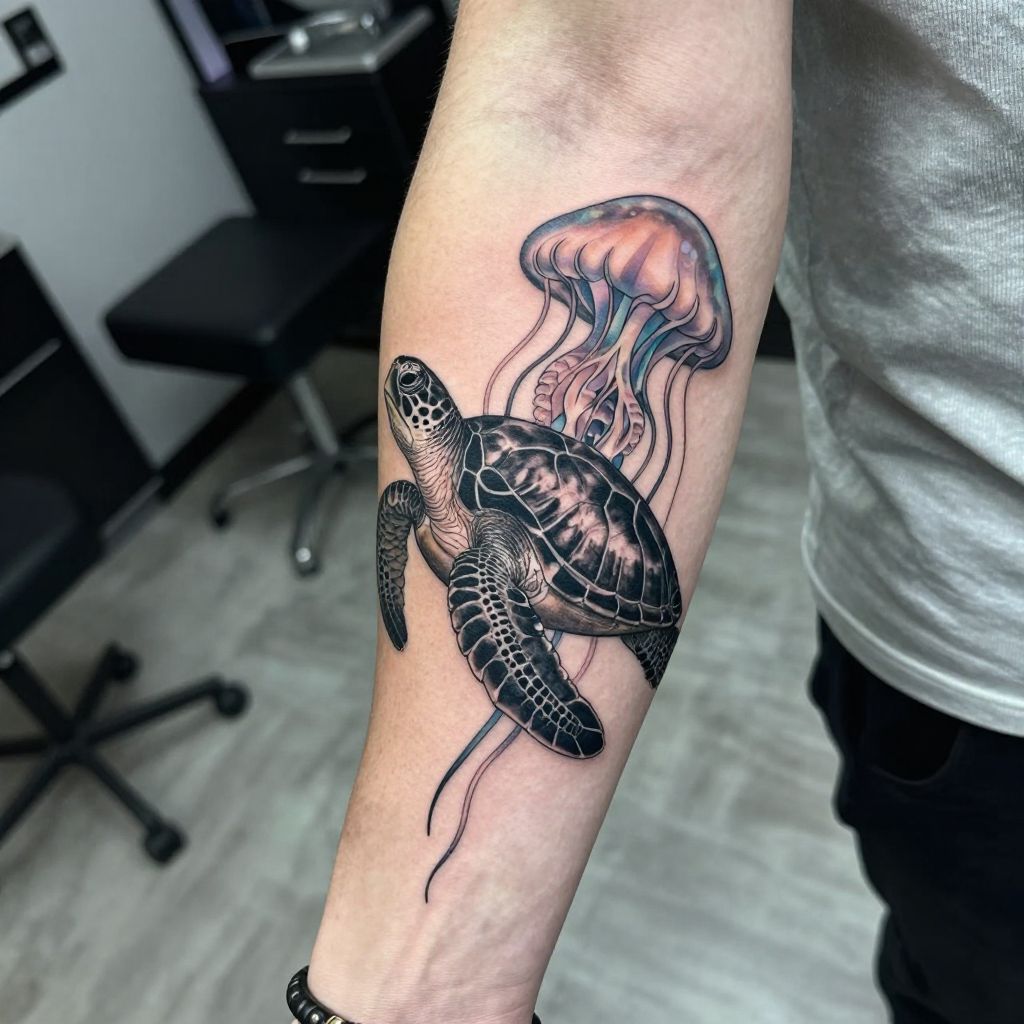 Sea Turtle and Jellyfish Pair tattoo idea