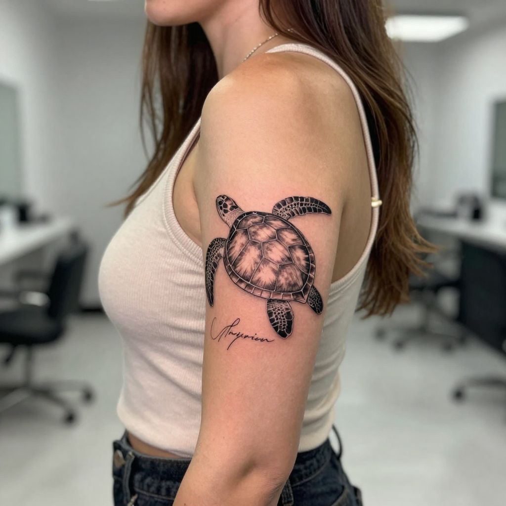 Sea Turtle with Script and Dates tattoo idea