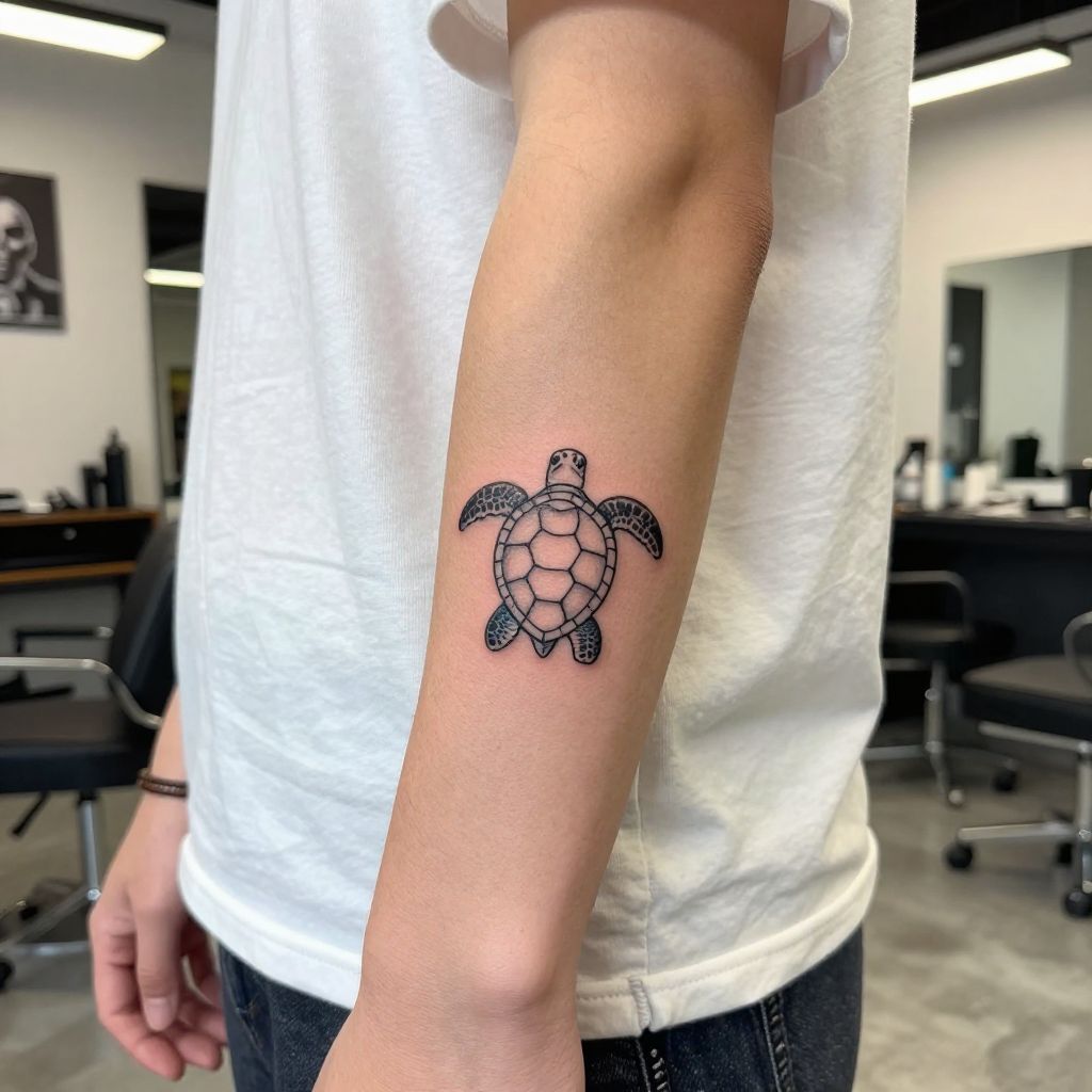 Tiny Minimal Sea Turtle tattoo idea