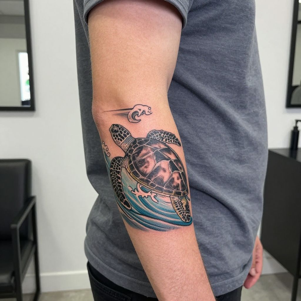 Sea Turtle With Ocean Waves tattoo idea
