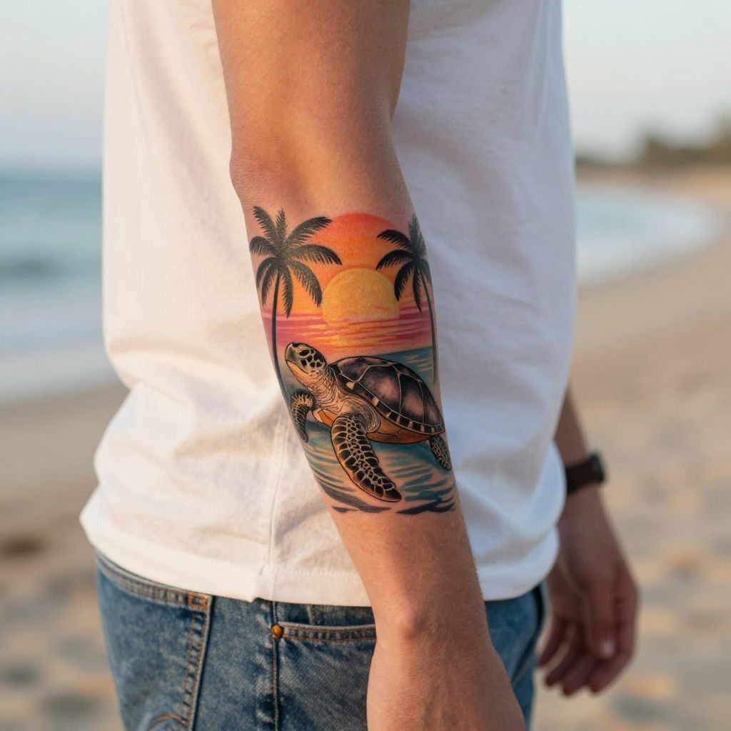 Sea Turtle With Sun and Palm Silhouette tattoo idea