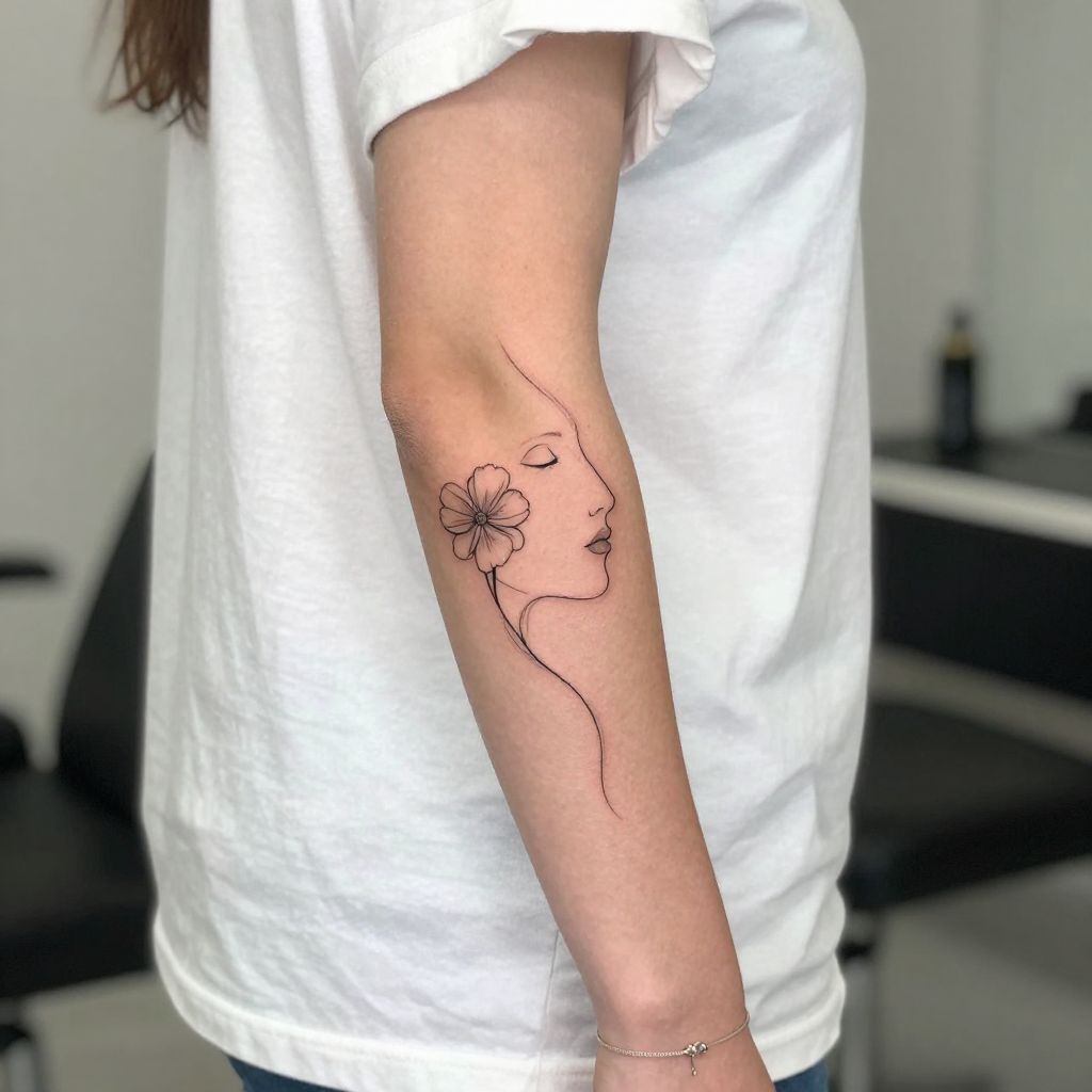 Single Line Face With Flower self love tattoo idea