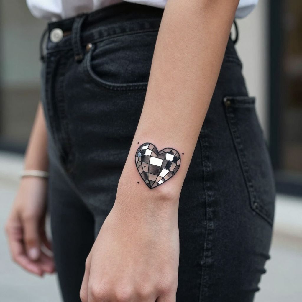 Tiny Mirrorball Heart self love tattoo idea