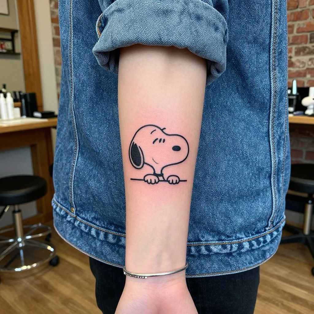 Snoopy Peeking Over a Line tattoo idea