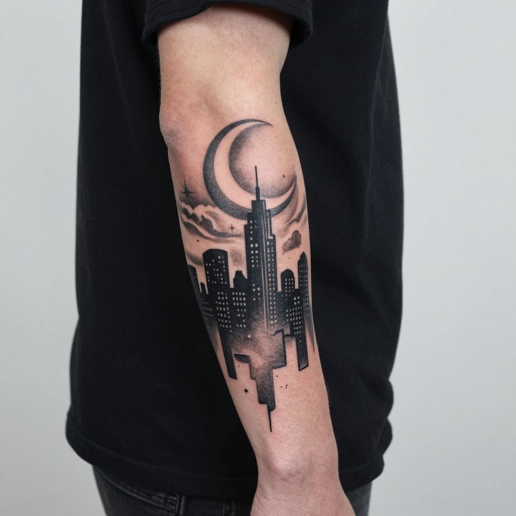 Death City Skyline with Moon tattoo idea