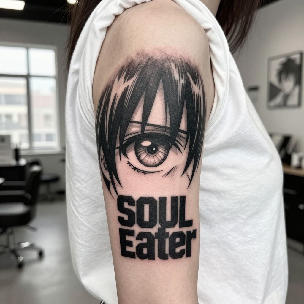 Anime Eye Close-Up with Soul Eater Logo tattoo idea