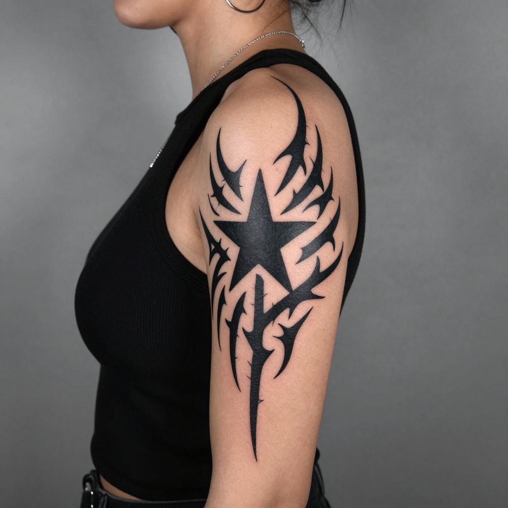 Black Star Motif with Tribal Accents tattoo idea