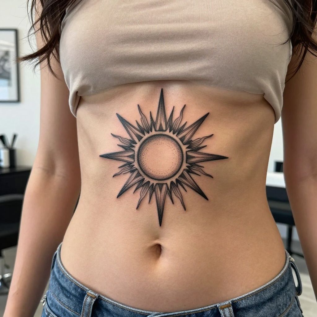 Ornamental Sunburst stomach tattoo idea