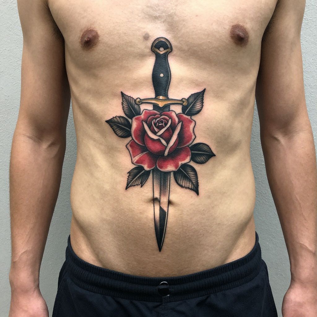 Dagger and Rose stomach tattoo idea