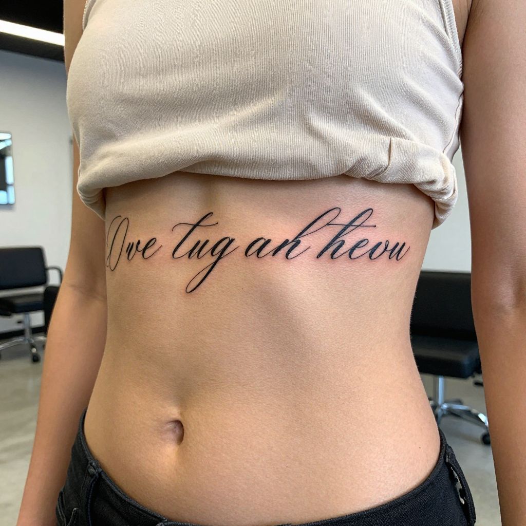 Curved Script Under the Chest stomach tattoo idea
