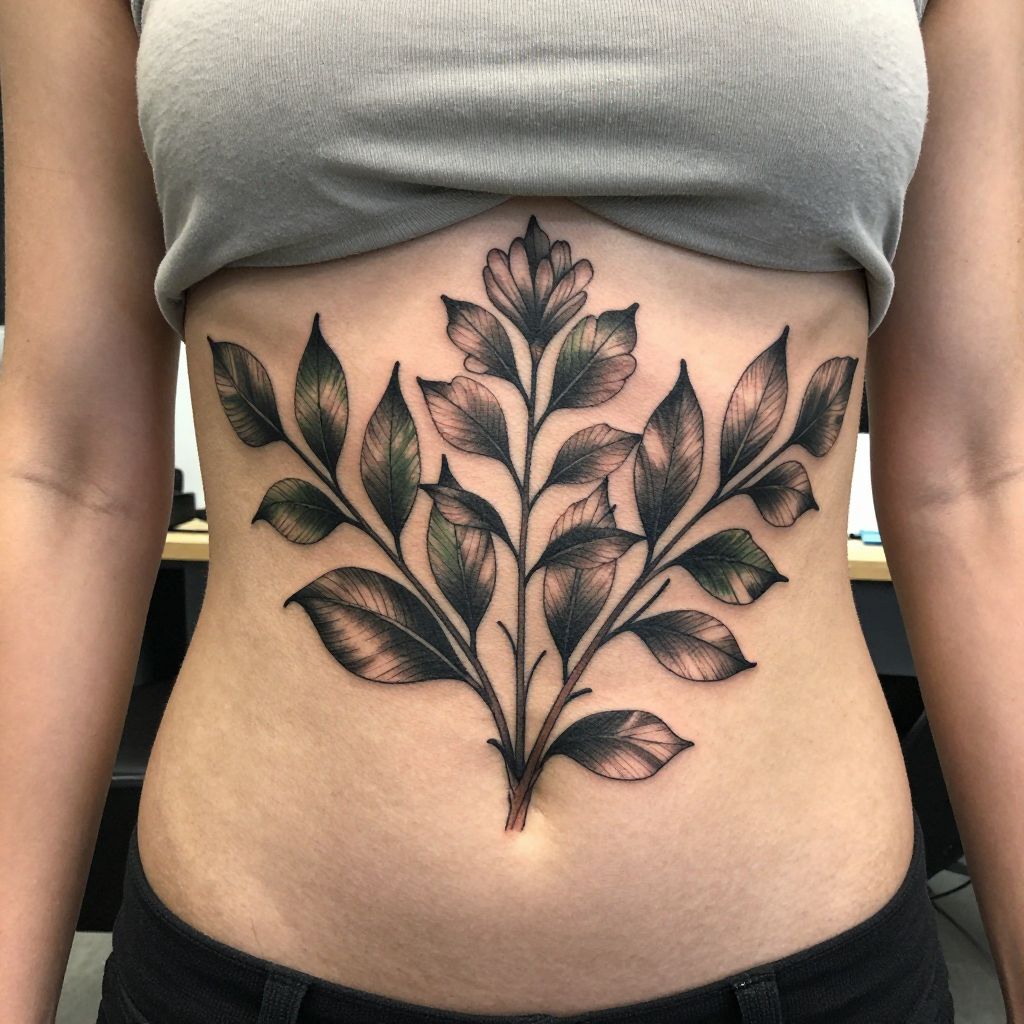 Large Botanical Crest stomach tattoo idea