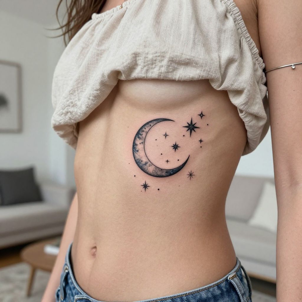 Crescent Moon and Stars stomach tattoo idea