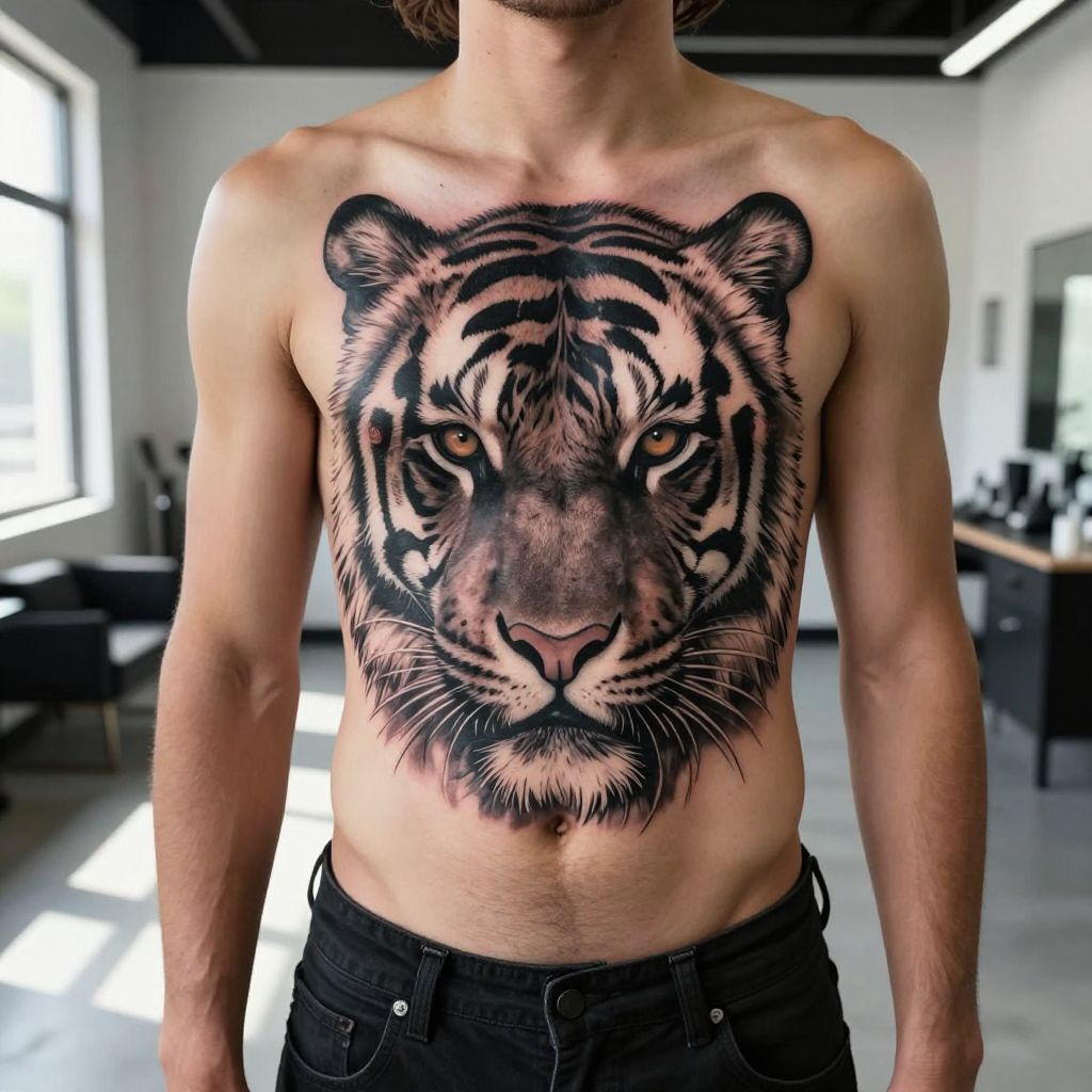 Tiger Face Centerpiece stomach tattoo idea