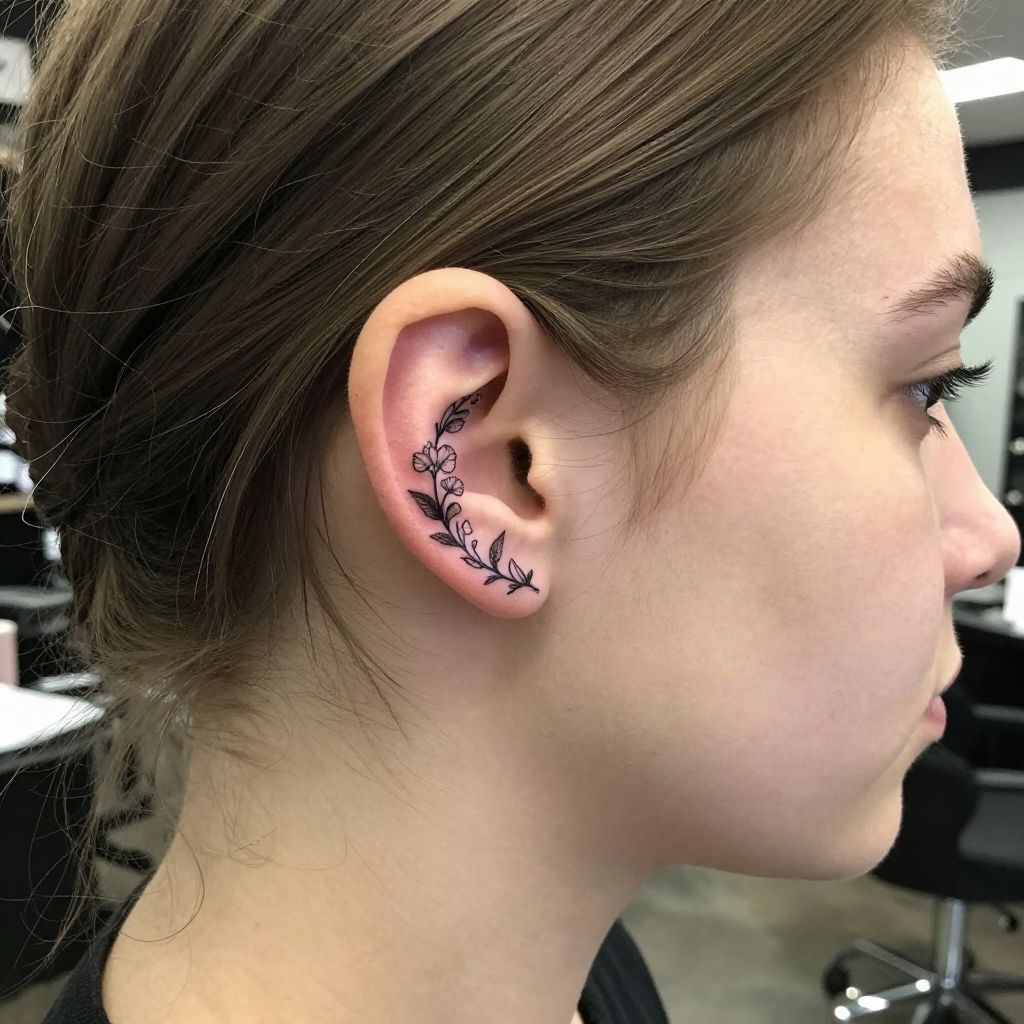 Floral Crescent Ear Tattoo