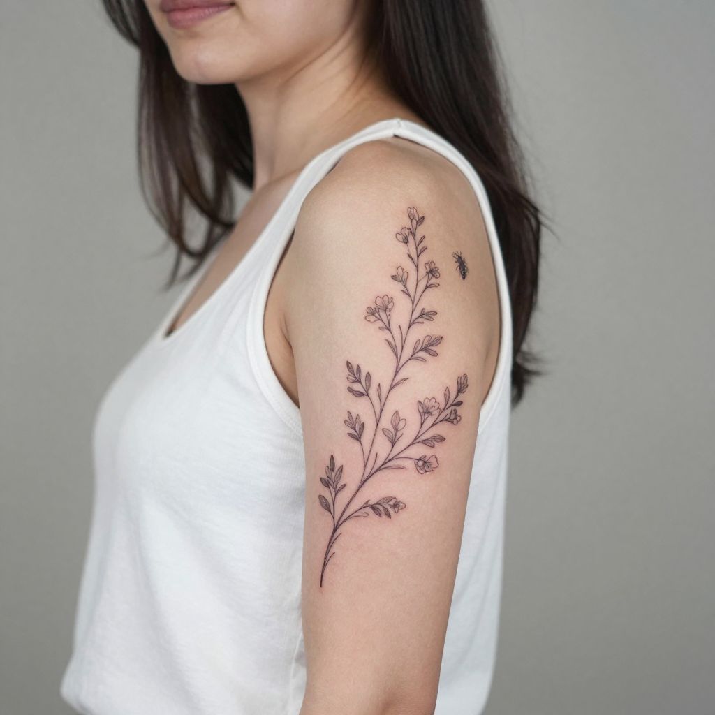 Fine Line Floral Vine tattoo idea for women arm
