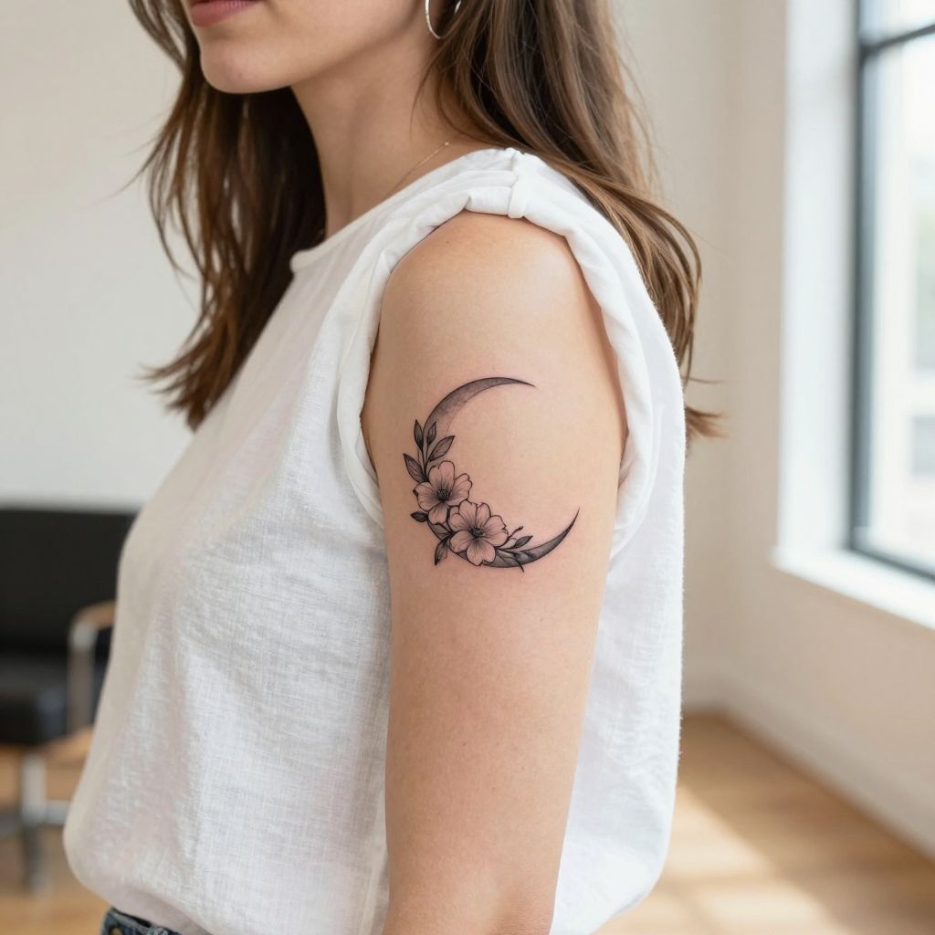 Floral Crescent Moon tattoo idea for women arm