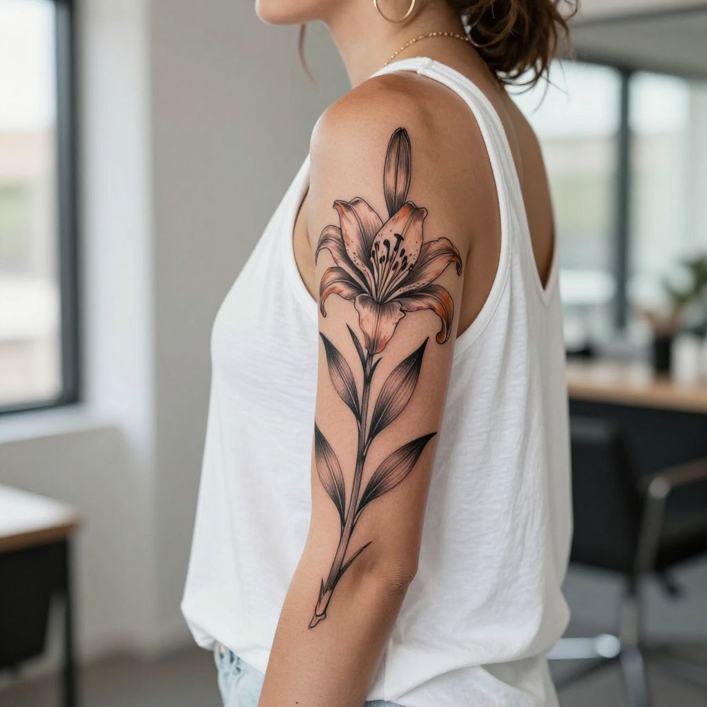 Tiger Lily Stem tattoo idea for women arm