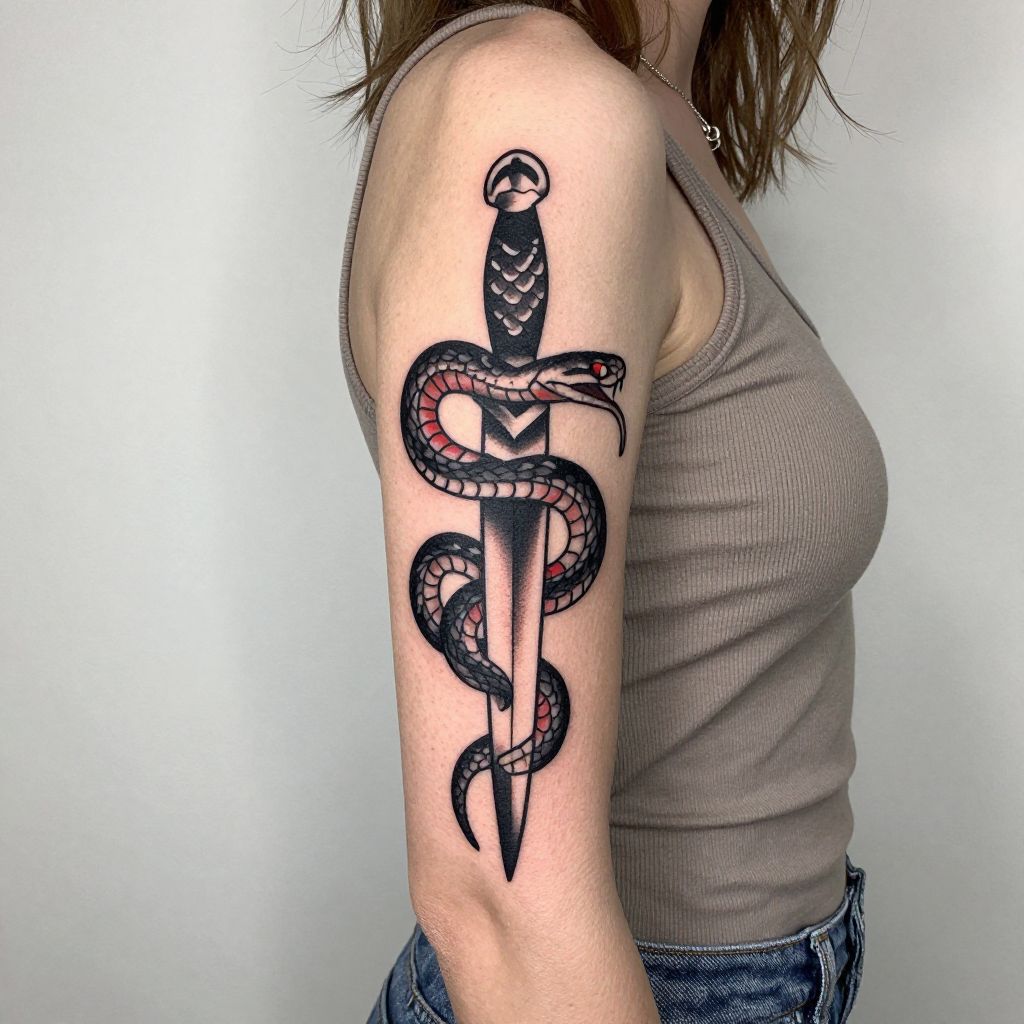 Snake and Dagger tattoo idea for women arm