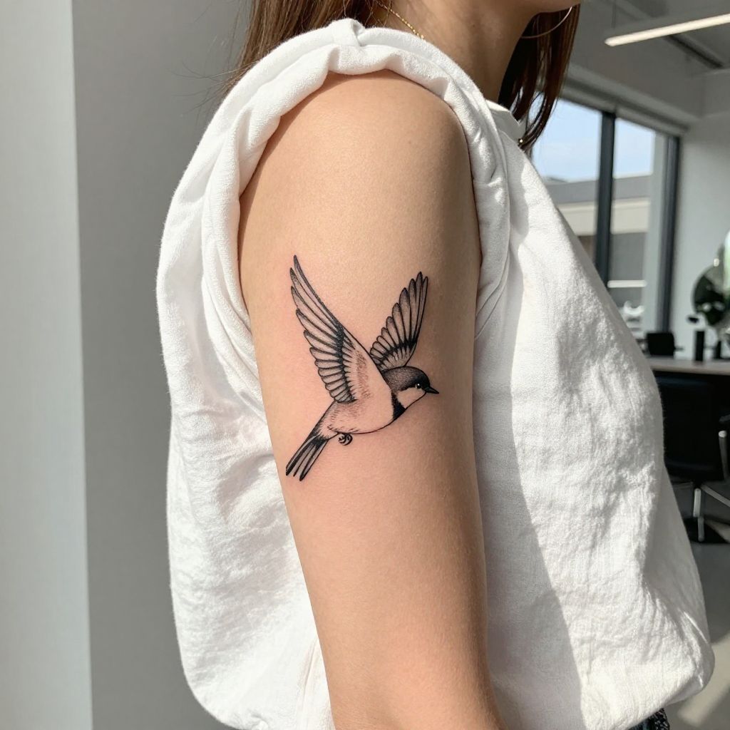Small Bird in Flight tattoo idea for women arm