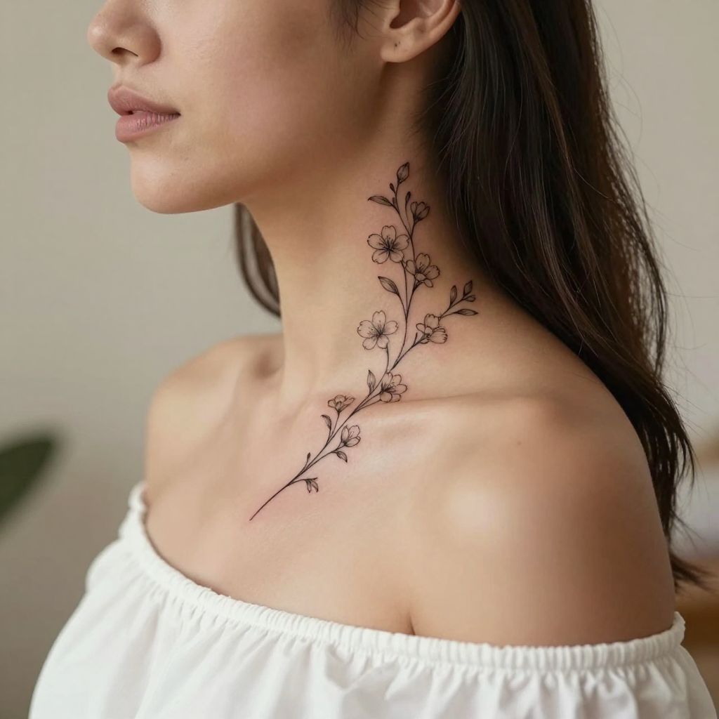 Delicate Floral Vine throat tattoo idea