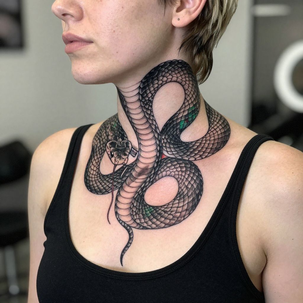 Snake Coiling throat tattoo idea