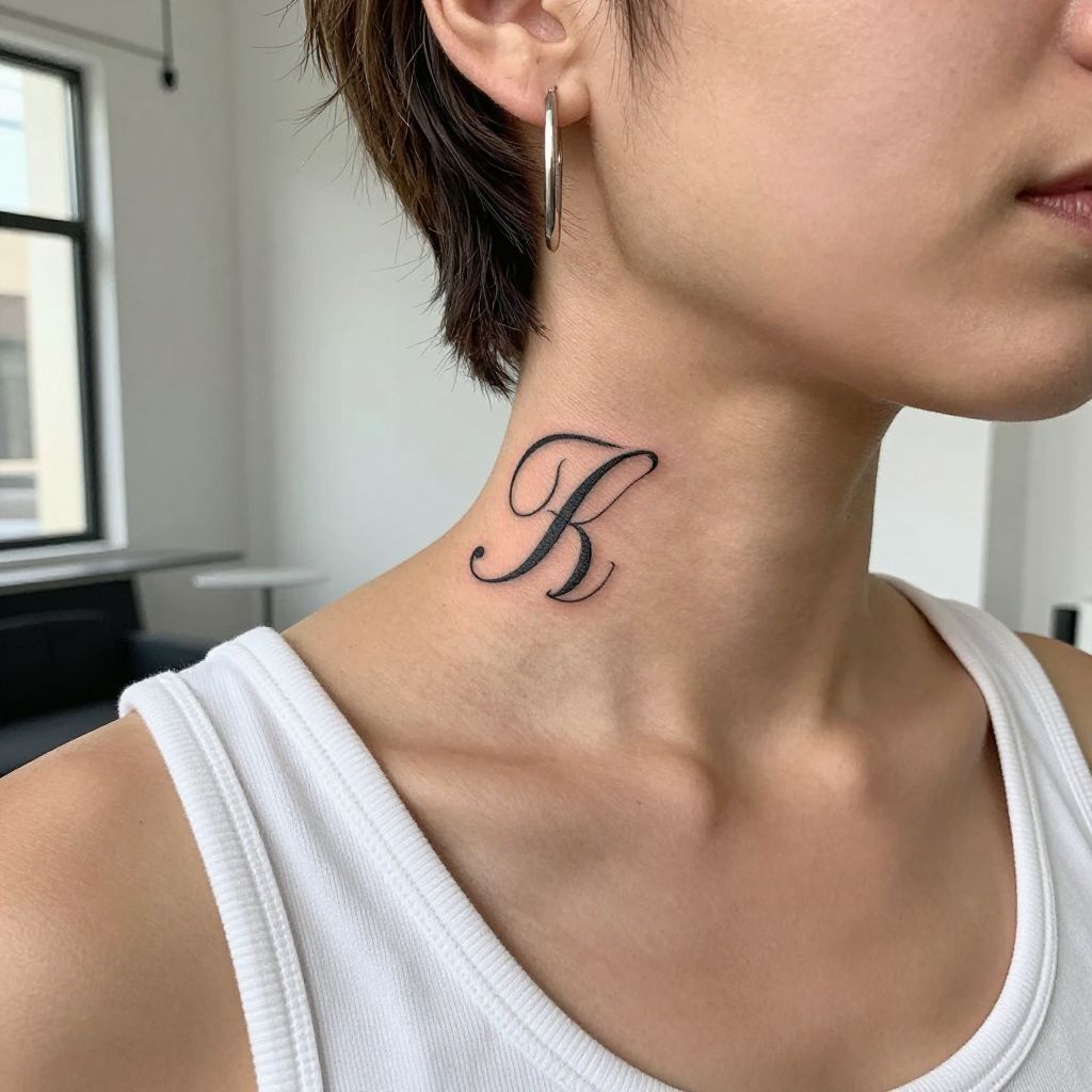 Script Initials throat tattoo idea