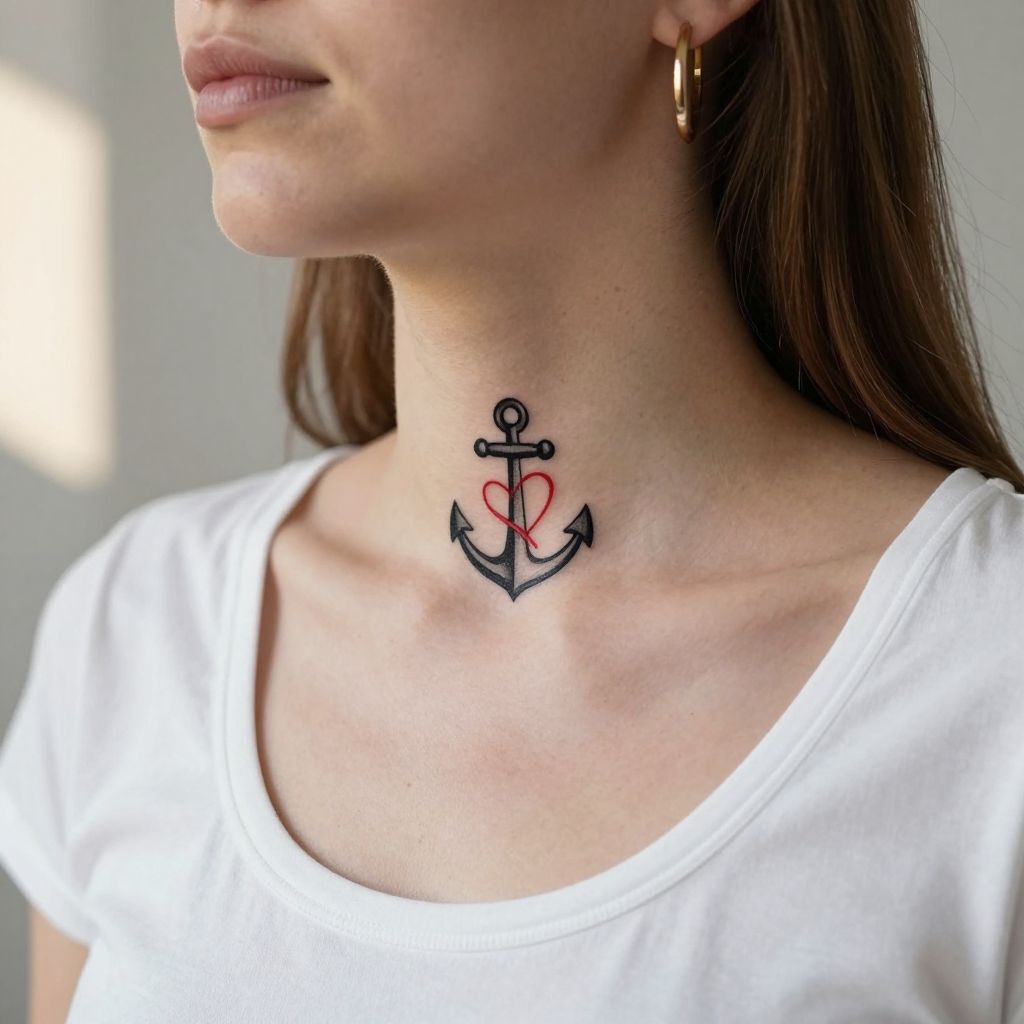 Small Anchor throat tattoo idea