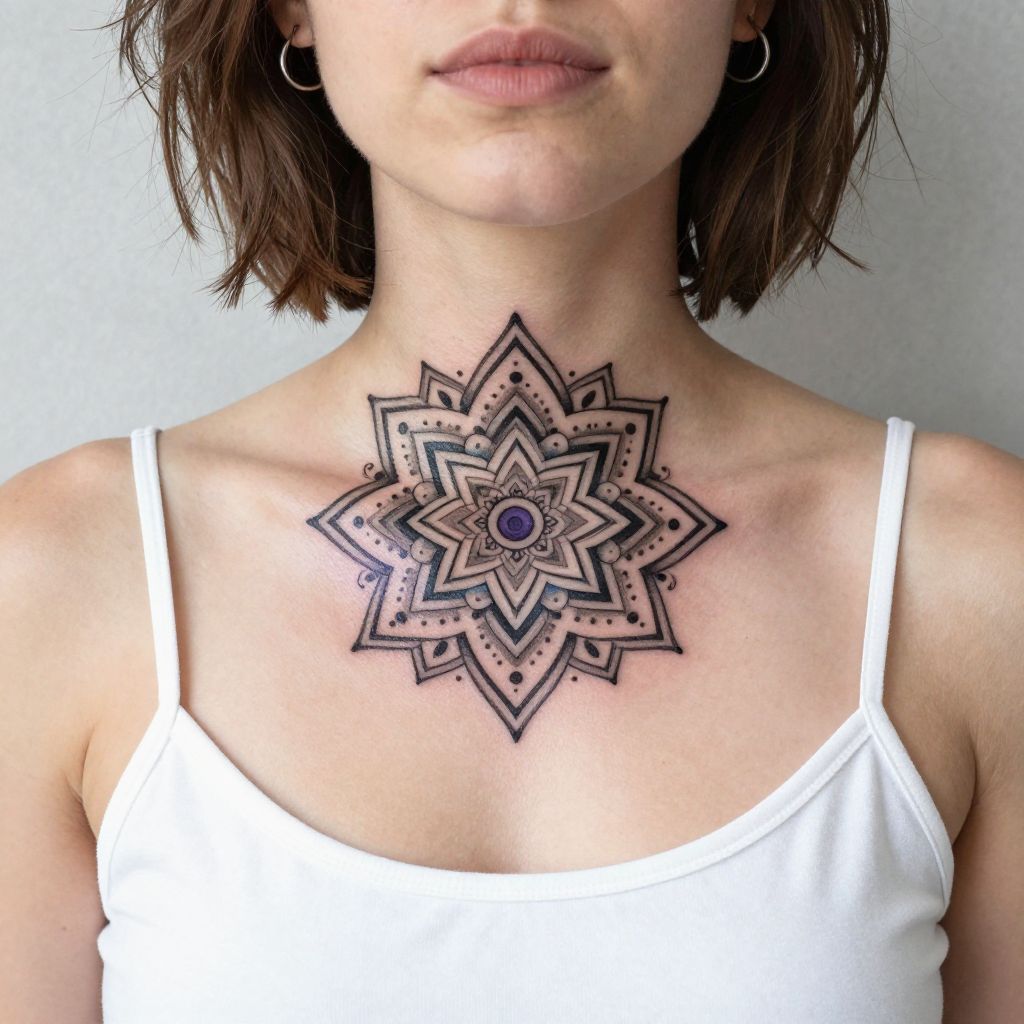 Geometric Mandala throat tattoo idea