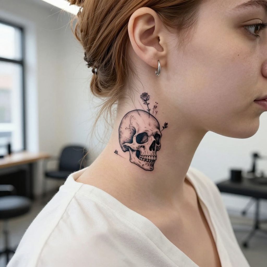 Small Skull Detail throat tattoo idea