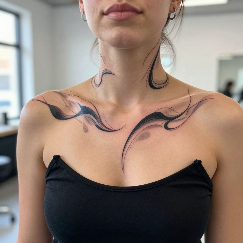 Abstract Line Art throat tattoo idea