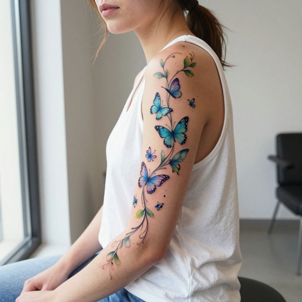 Watercolor Vine with Butterflies on the Forearm