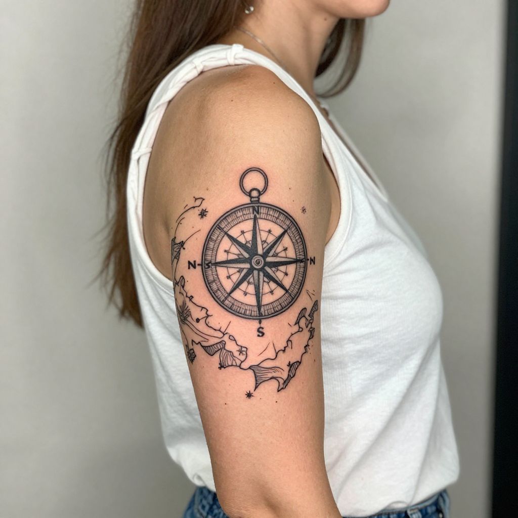 Compass and Water Map Piece water tattoo idea