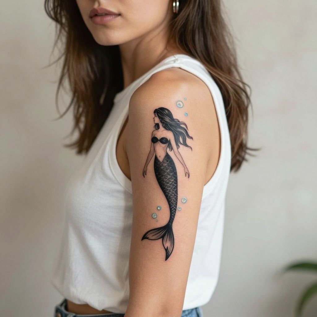 Mermaid Silhouette in Water Bubbles water tattoo idea