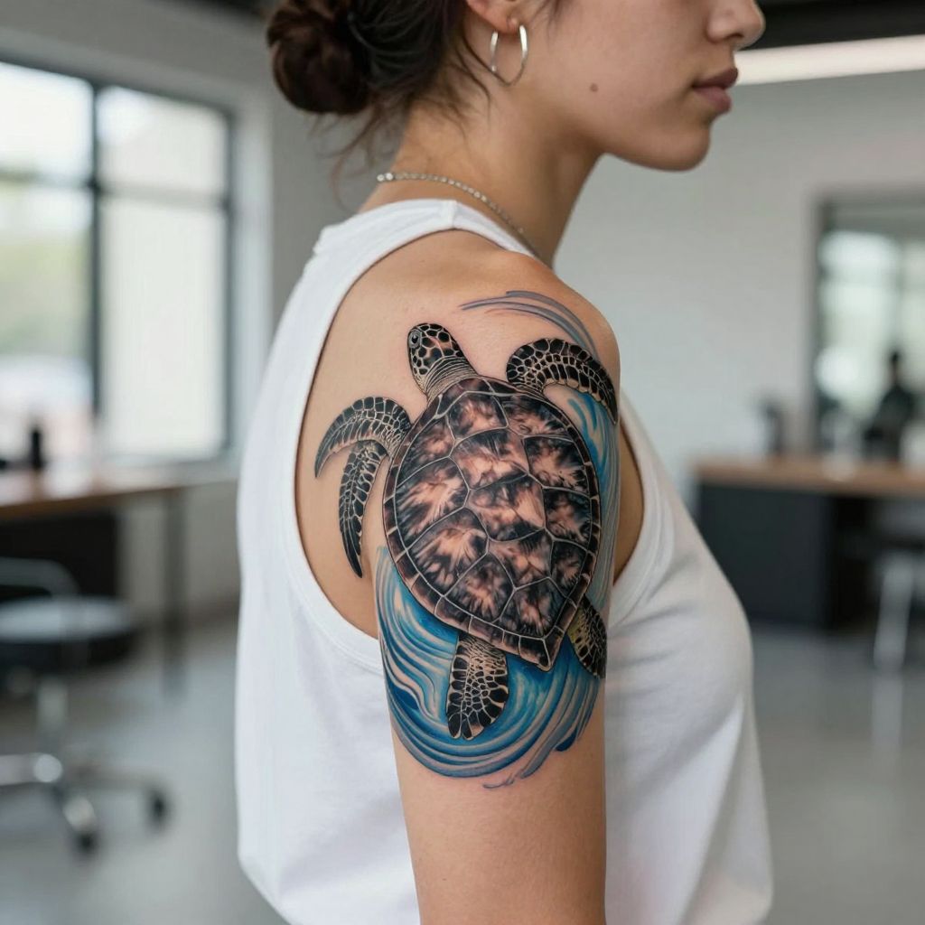 Sea Turtle With Flowing Currents water tattoo idea
