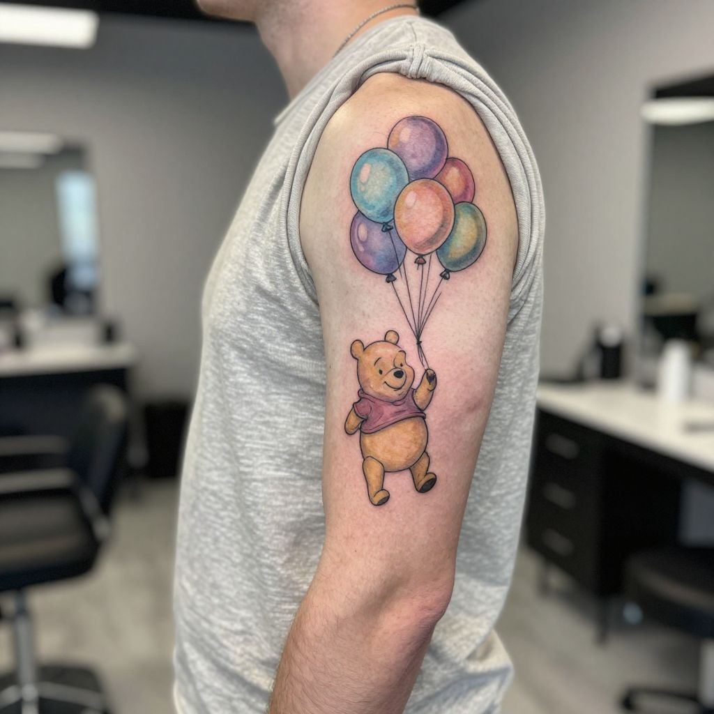 Winnie the Pooh tattoo ideas - Floating Pooh With Balloons