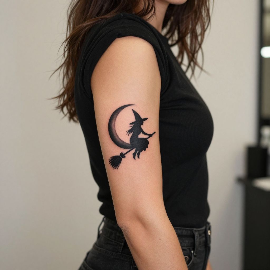 Classic Witch Silhouette Under a Crescent Moon