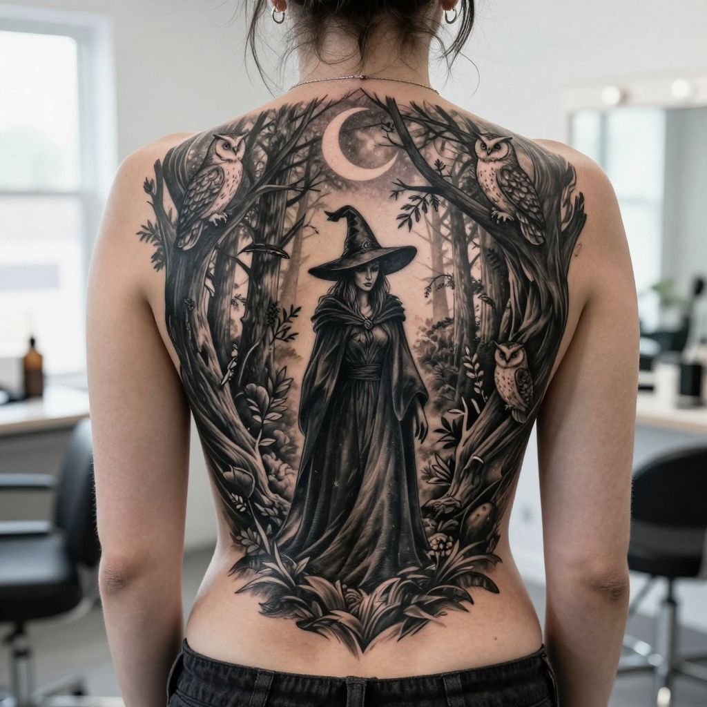 Witch in the Forest with Owls and Crescent Moons