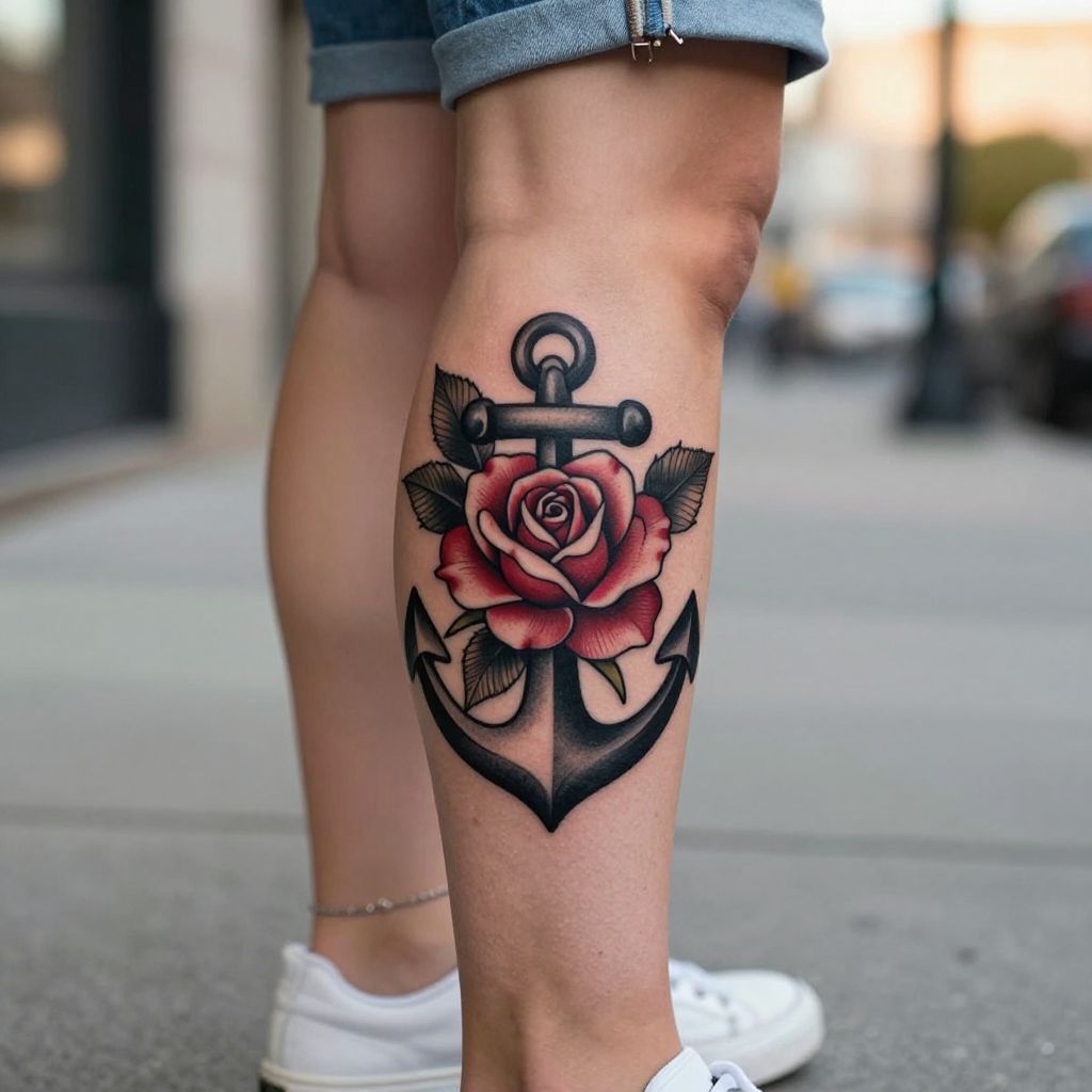 Anchor Wrapped in Roses on Calf
