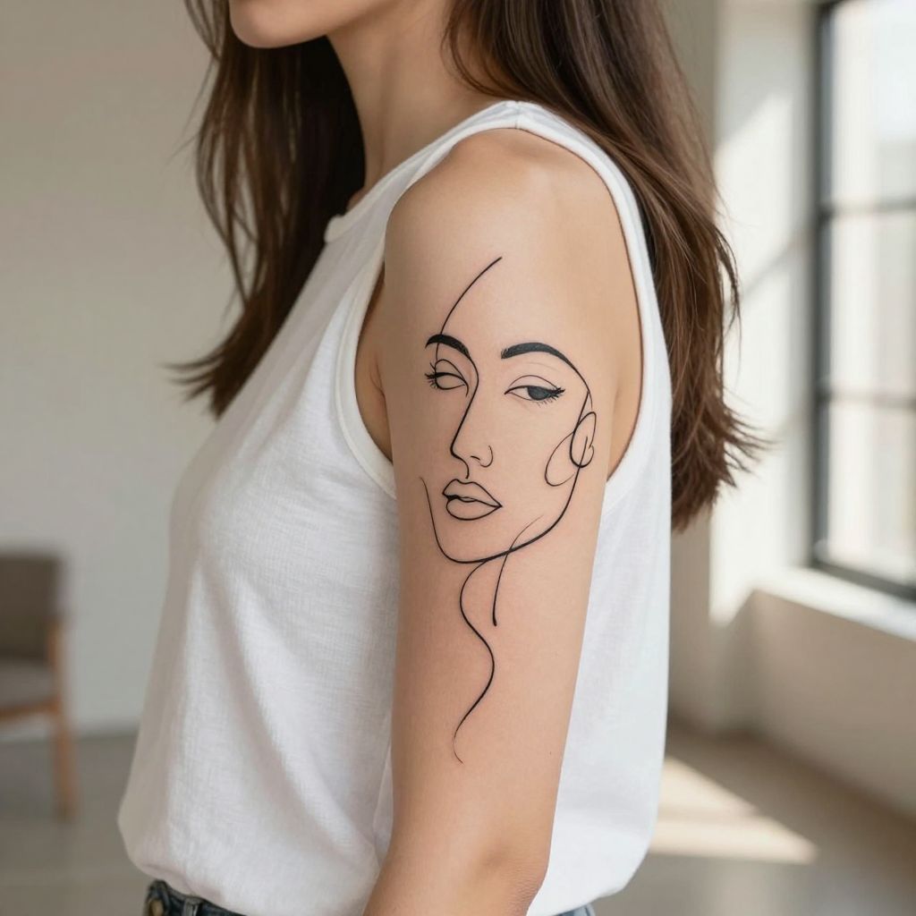 Abstract Line Art Face on Upper Arm
