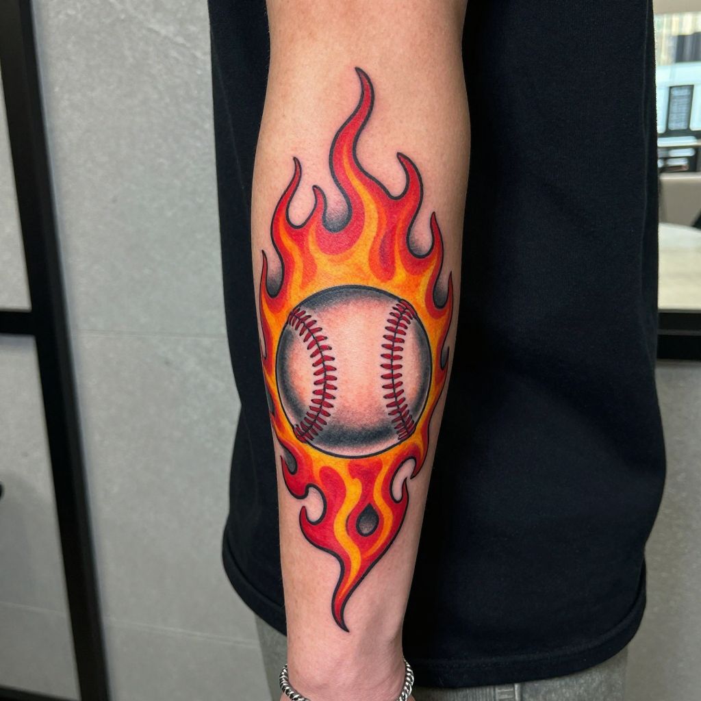 Baseball Flames Tattoo