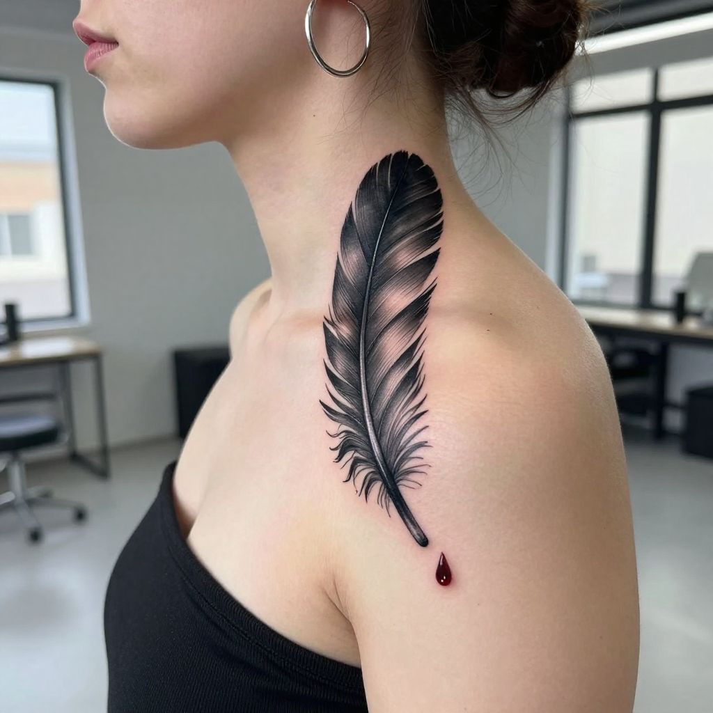 Raven Feather and Blood Drops tattoo