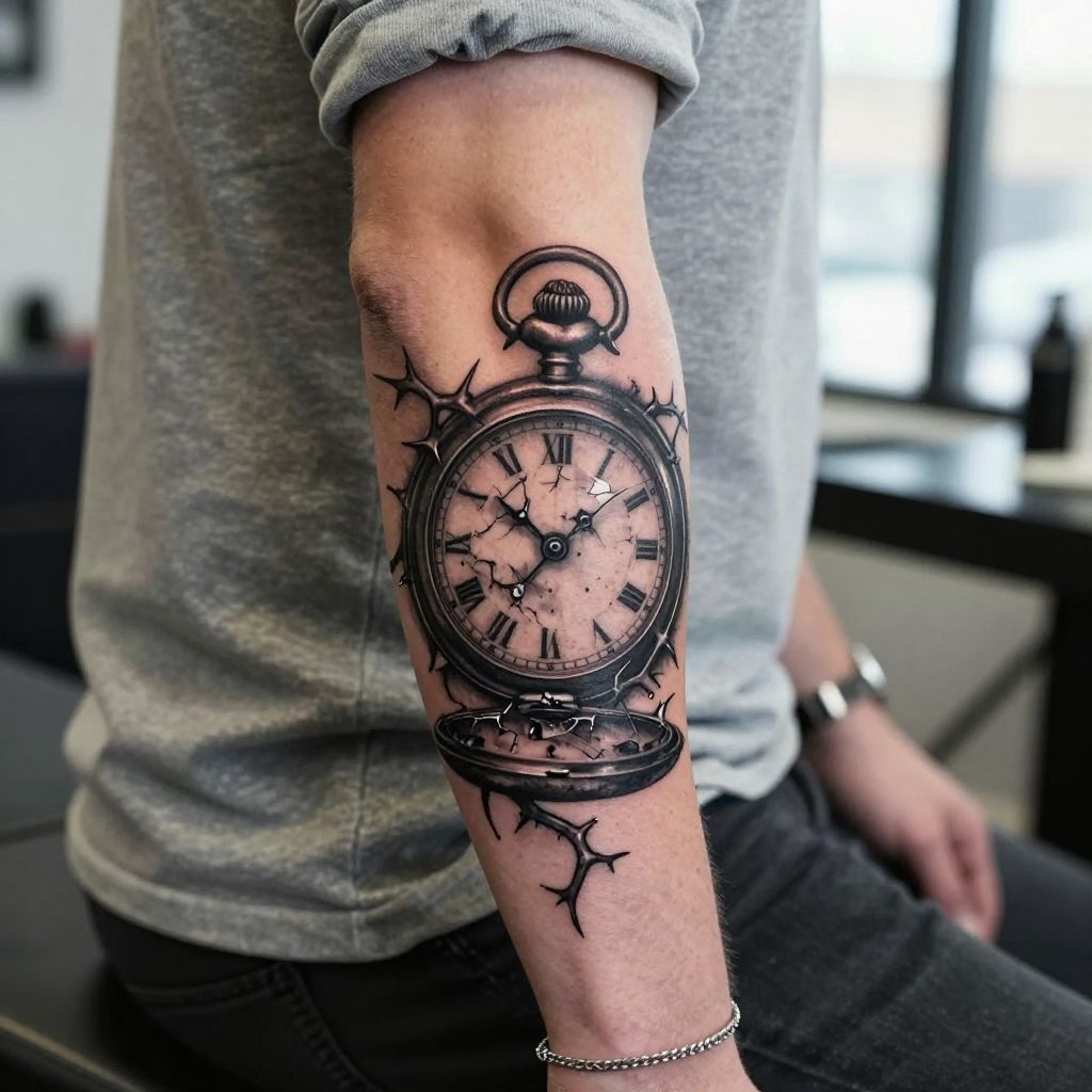 Broken Pocket Watch with Thorn Vines tattoo