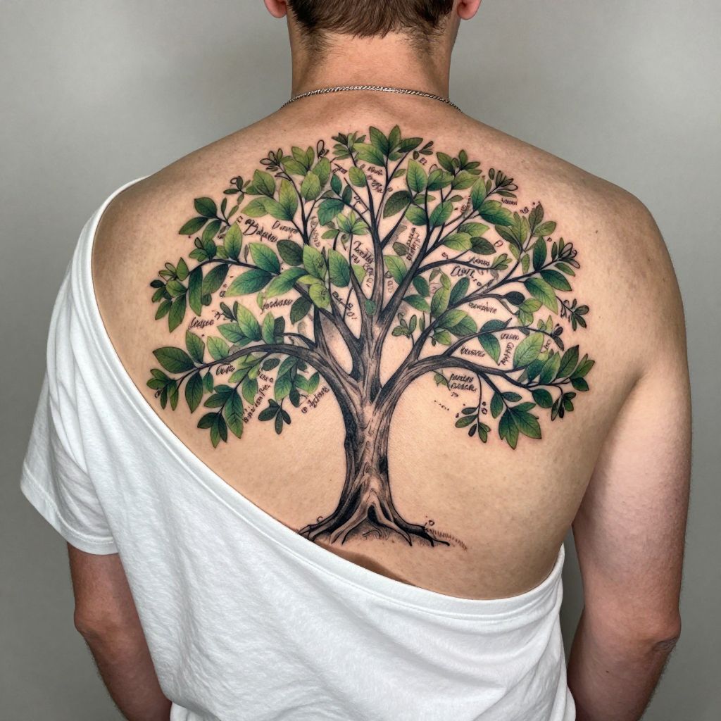 A Tree with Daughter’s Name as a Leaf tattoo