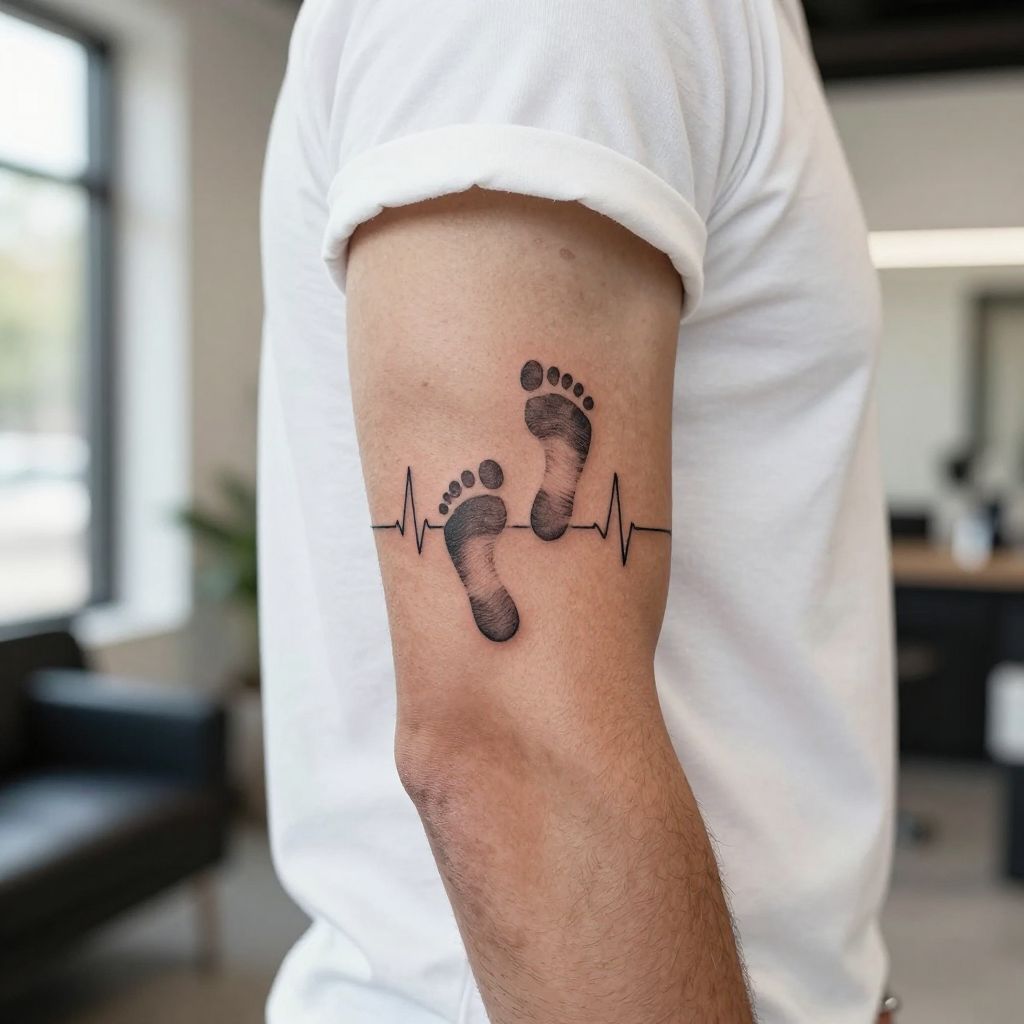 Footprints into a Heartbeat Line tattoo