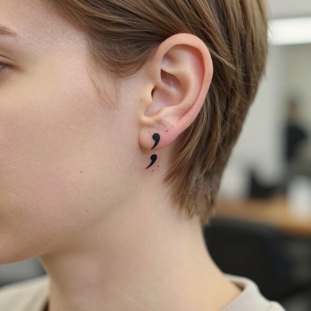 Minimalist Semicolon Behind the Ear