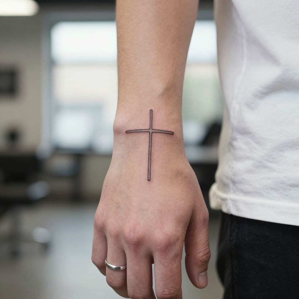 Cross Outline Finger Tattoo