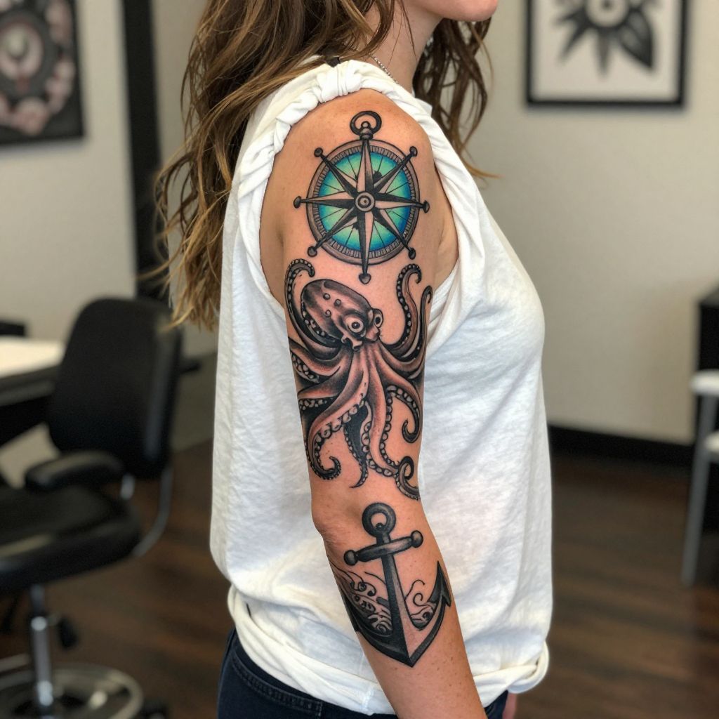 Nautical Compass and Sea Creatures