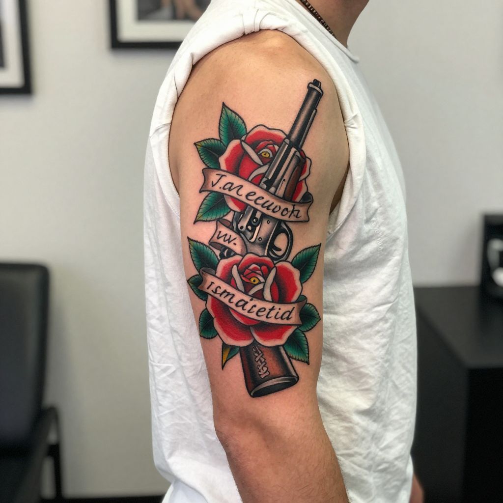 Gun with Rose and Script Banners
