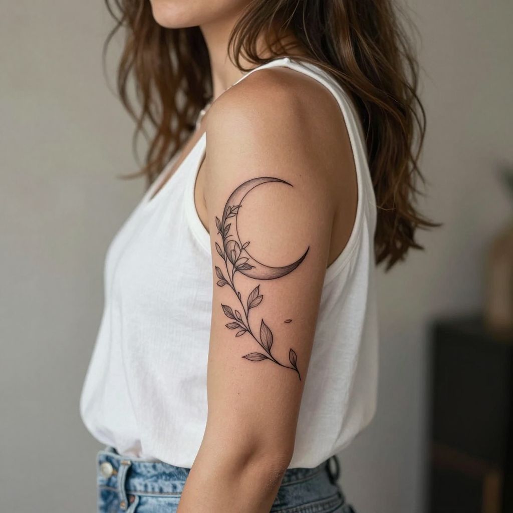 Botanical Crescent Moon Line Work Tattoo